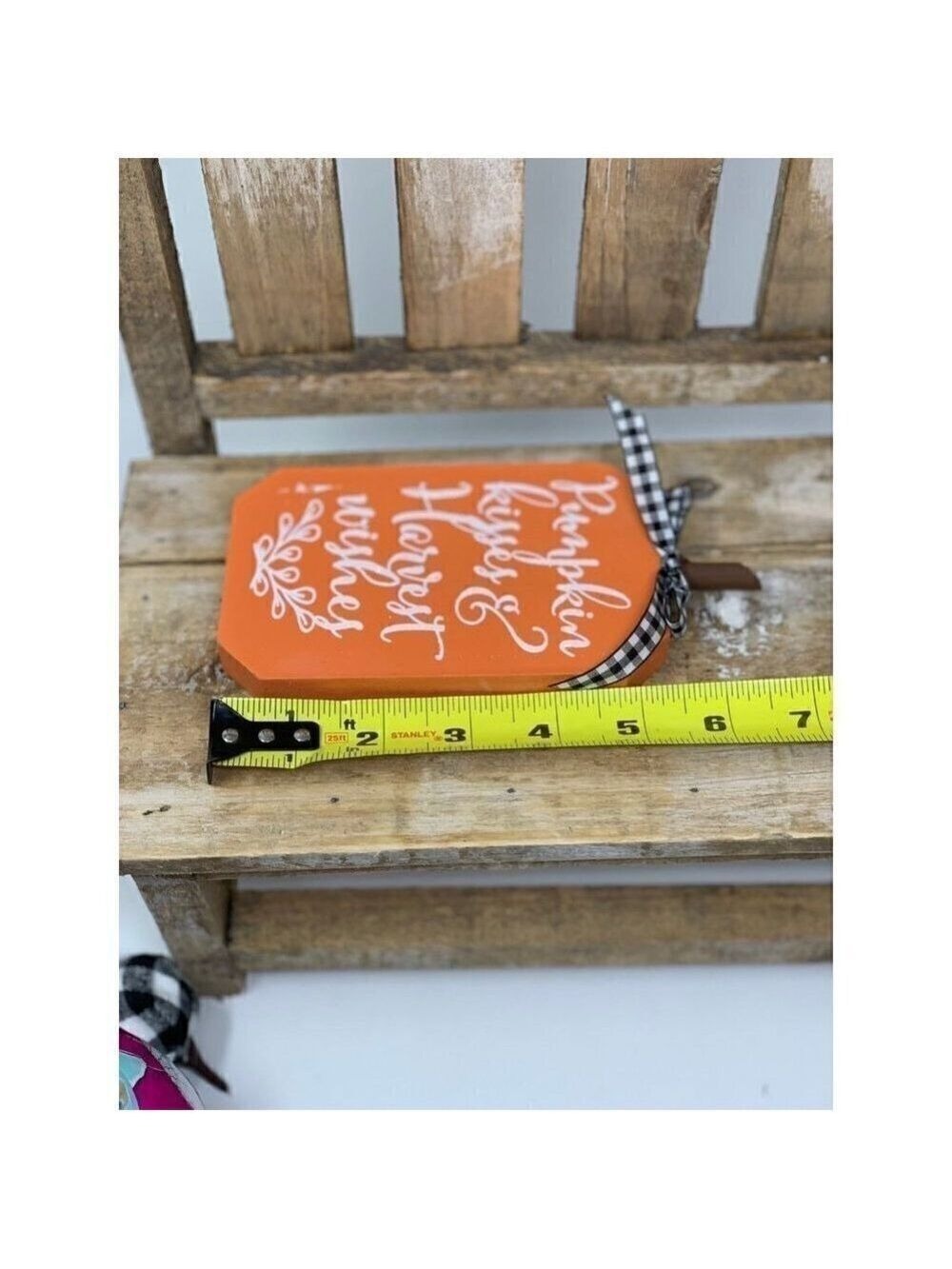 Pumpkin Harvest Sign Shelf Sitter Table Decor Wood 0range Buffalo Check Ribbon - Picture 4 of 7